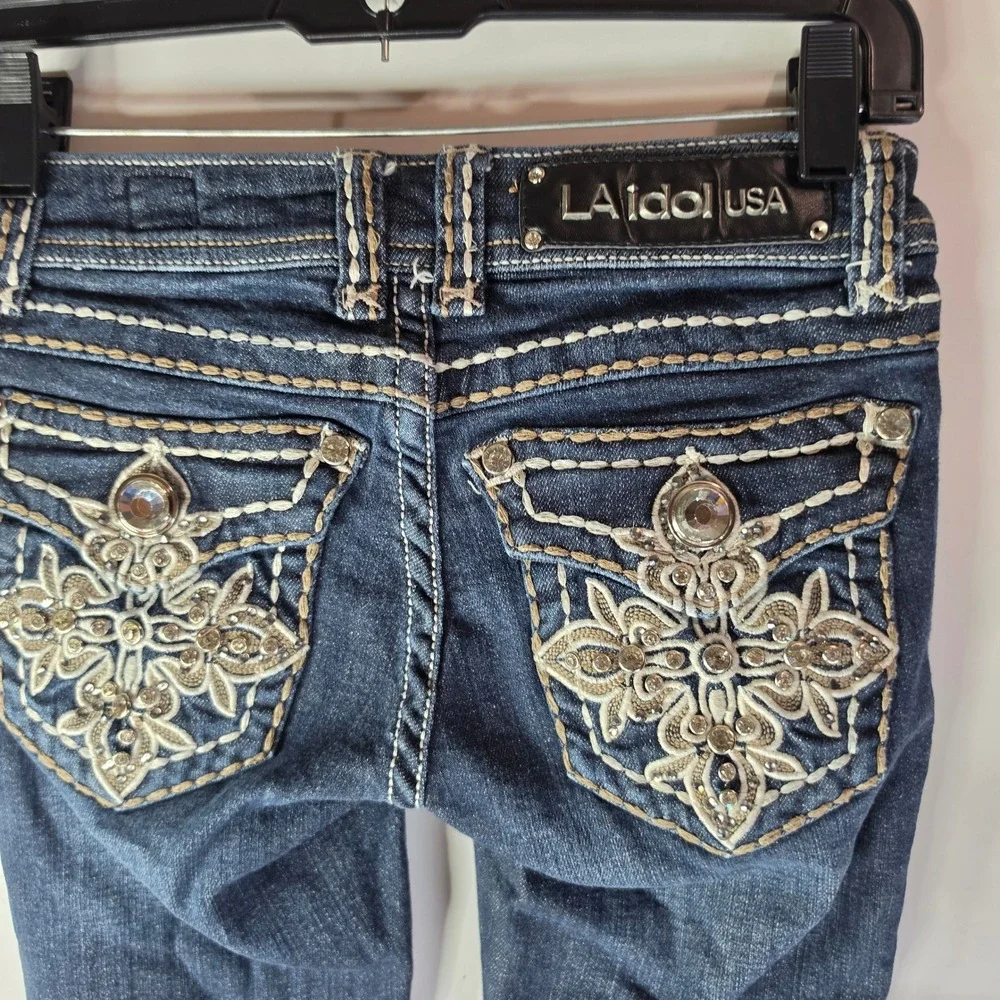 LA Idol USA Jeans Womens 0 W26 L31.5 Skinny Bling Rhinestone Thick Stitch Y2K